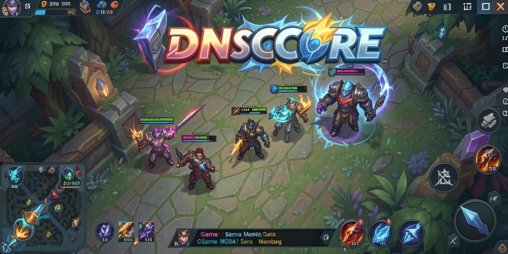 Tampilan dalam permainan IDNSCORE dengan karakter dan aksi MOBA yang menegangkan.