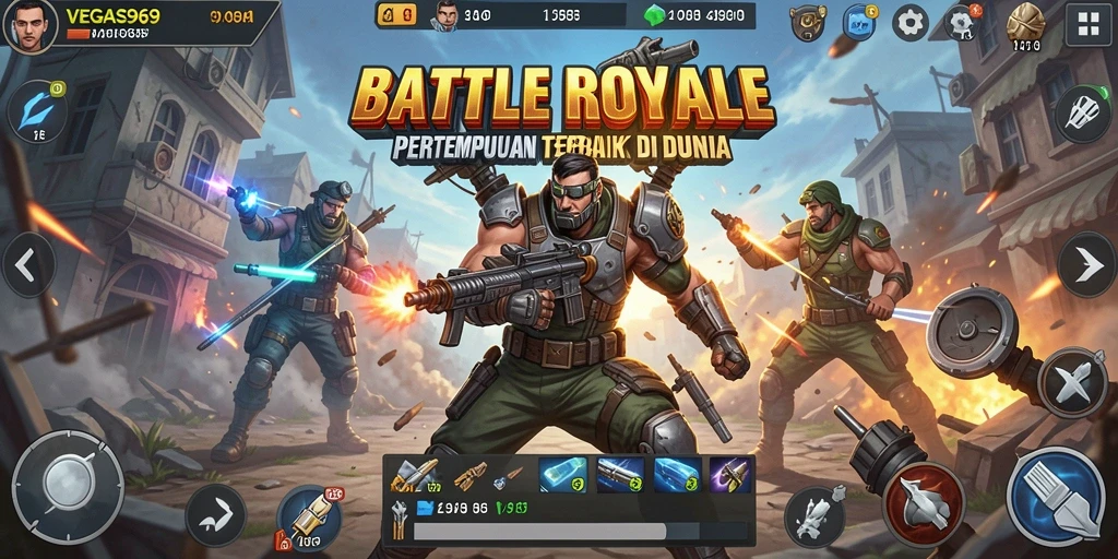 Screenshot gameplay VEGAS969 menampilkan pertempuran intens di arena Battle Royale.